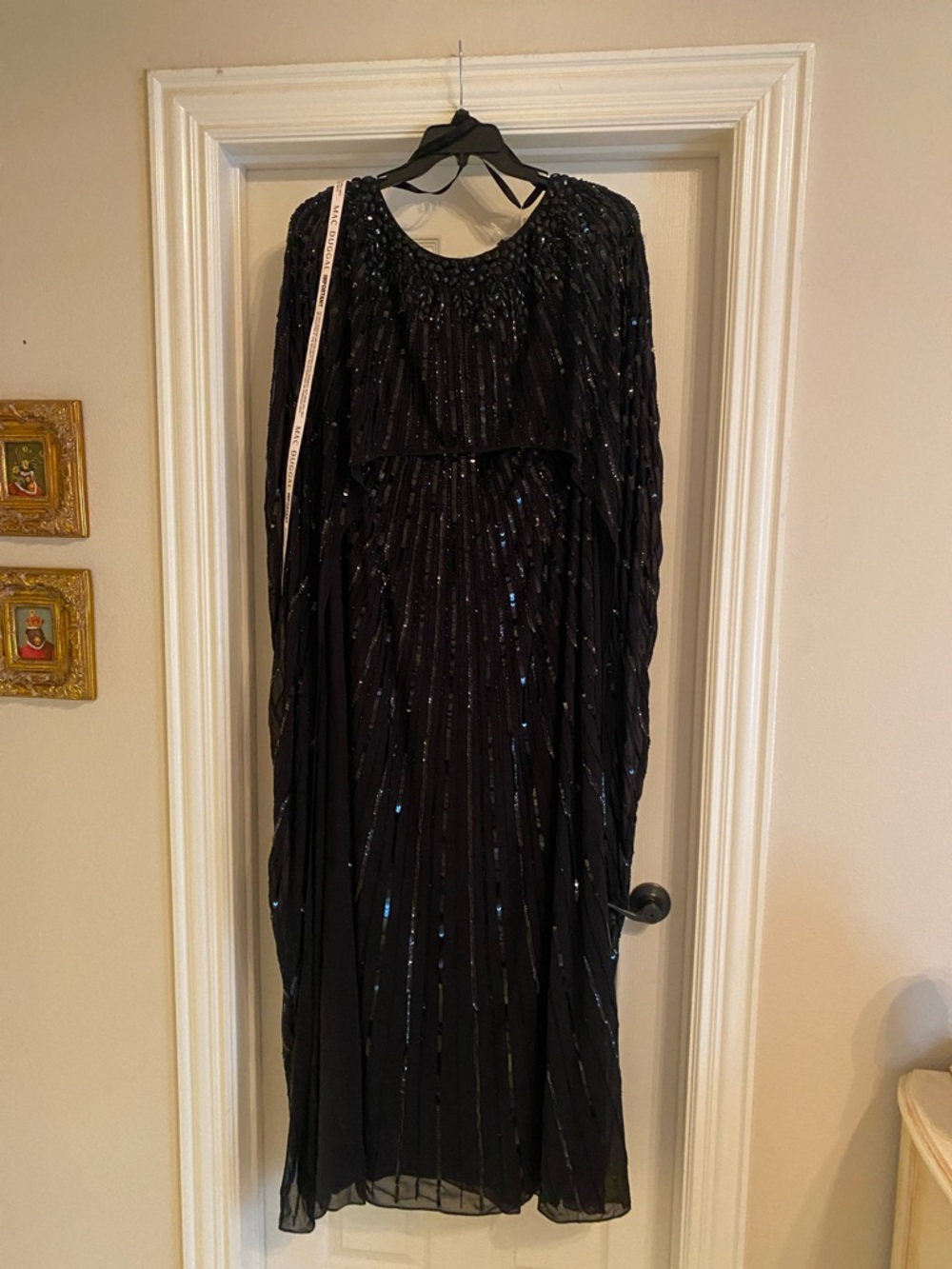Mac Duggal Black  Sequin Maxi Column Cape Dress NWT